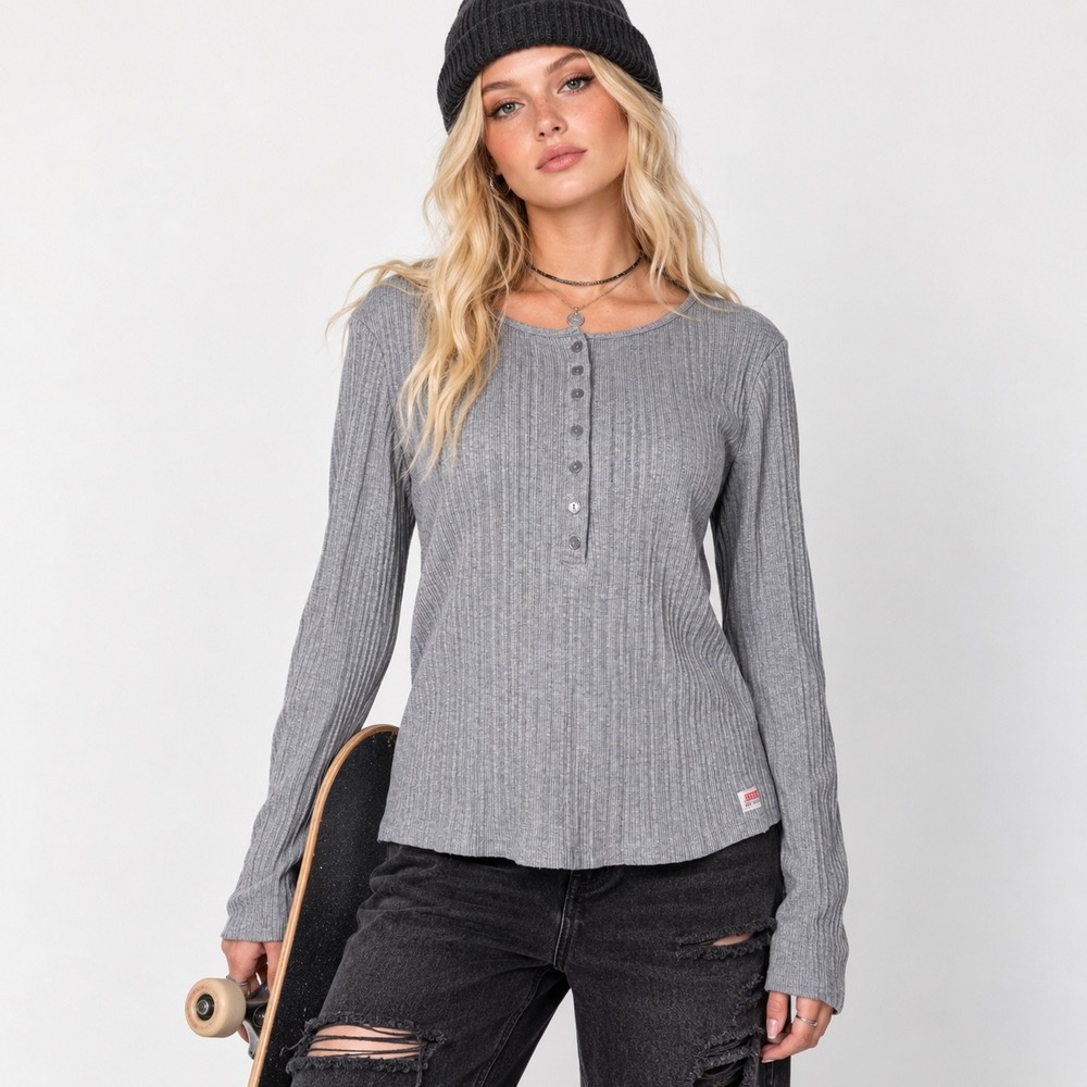 Levis Dry Goods Women's Henley Gray Ribbed Classic Grunge Americana Size Medium
